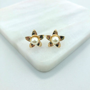 18K Gold Layered Oro Laminado Flower Design Push-Back Earrings With Center Pearl 21.0175/92